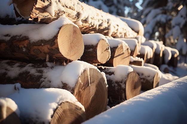 Snow Dusted Log Pile in Winter Forest