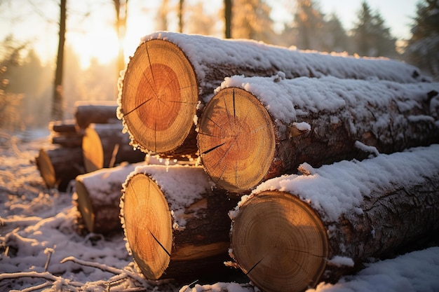 Snow Dusted Log Pile in Winter Forest