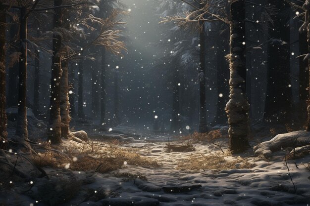 Snow falling gently in the forest