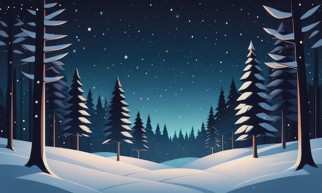 snow falling at night in a snowy dark forest