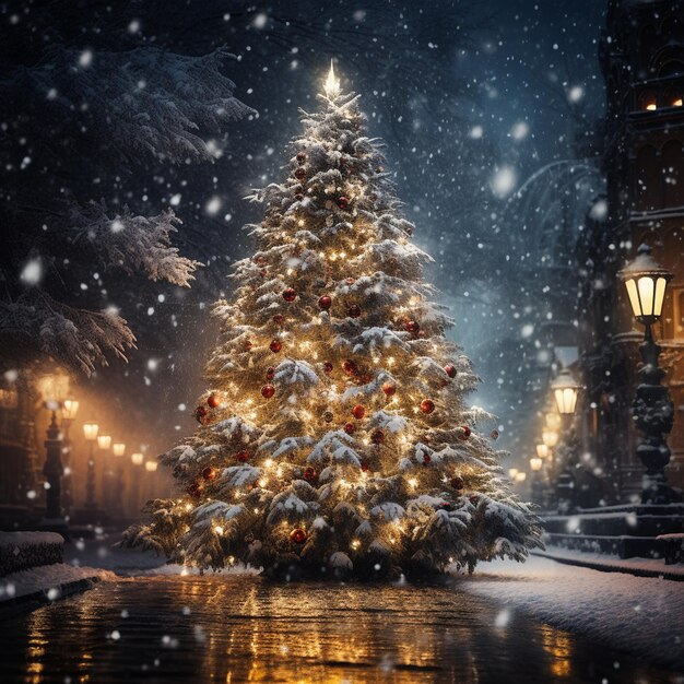 사진 아름다운 크리스마스 트리 앞에 눈이 내리고 있다