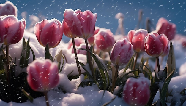 Snow falling on tulips in the snow
