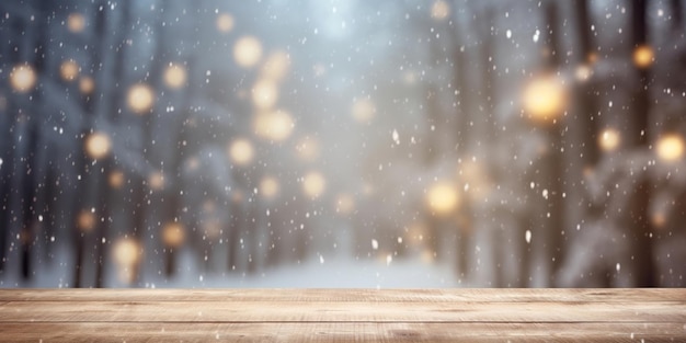 Snow falling on a wooden table in front of a snowy forest