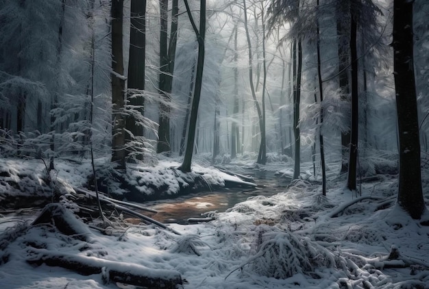 snow falls in a forest with covered trees