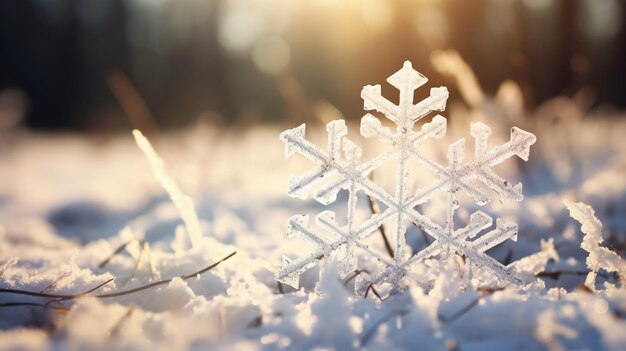 雪の結晶が太陽の下で雪の上に座っている生成ai