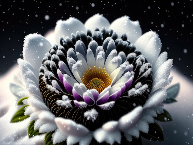Snow on a flower with a black background