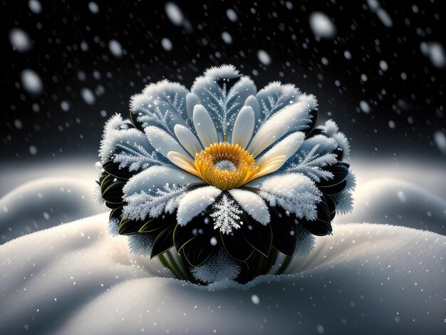 Foto neve su un fiore con uno sfondo nero