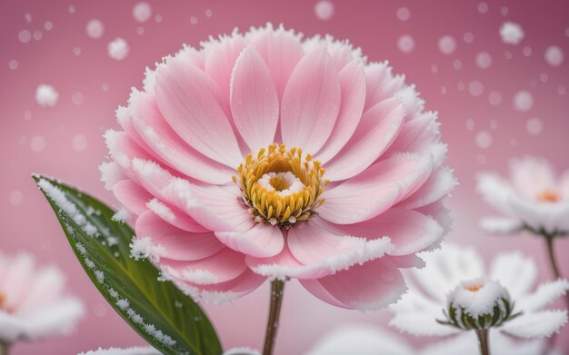 Snow on a flower with a pink background