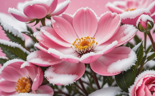 ピンクの背景の花に雪が降る