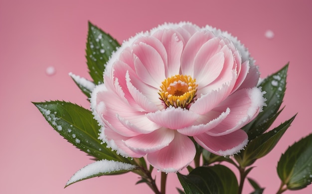 Snow on a flower with a pink background