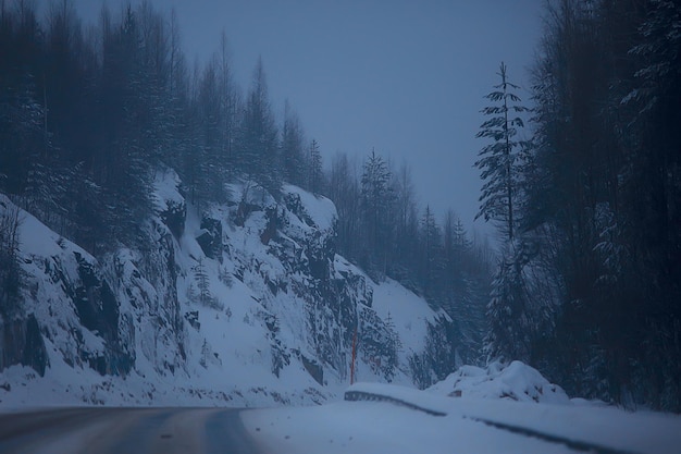 snow and fog on the winter road landscape / view of the seasonal weather a dangerous road, a winter lonely landscape