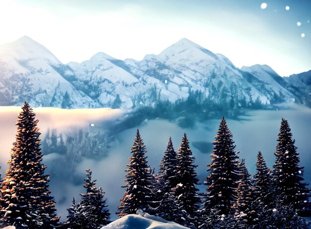 Photo snow forest landscape with mountain background