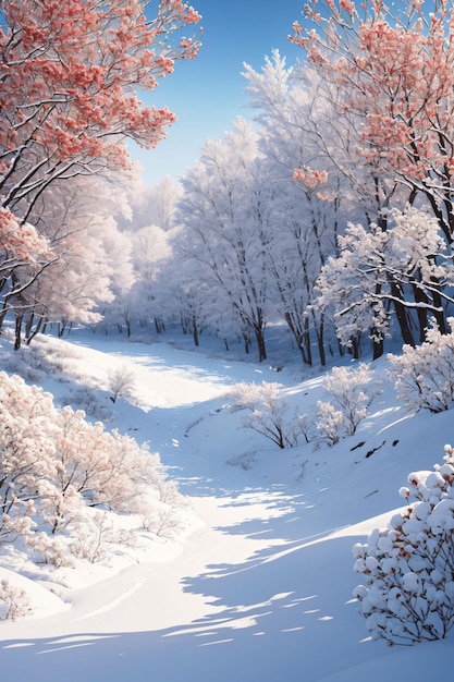 Snow forest with red plants