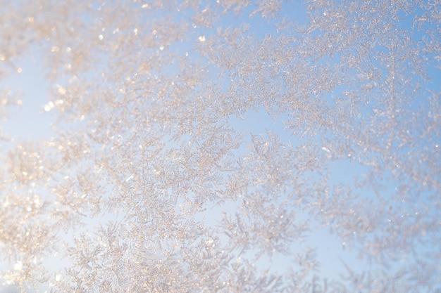 snow frost in the form of natural patterns on the window pane against the background