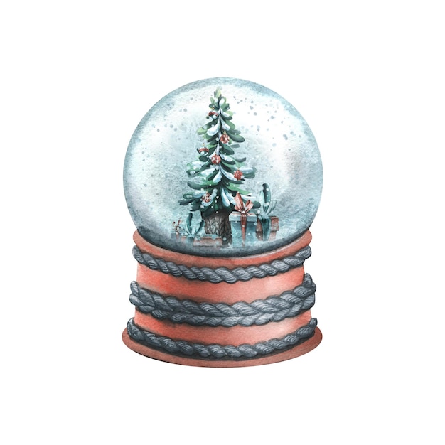 snow glass ball on a stand with a christmas tree and gifts inside watercolor illustration hand drawn isolated object on a white background