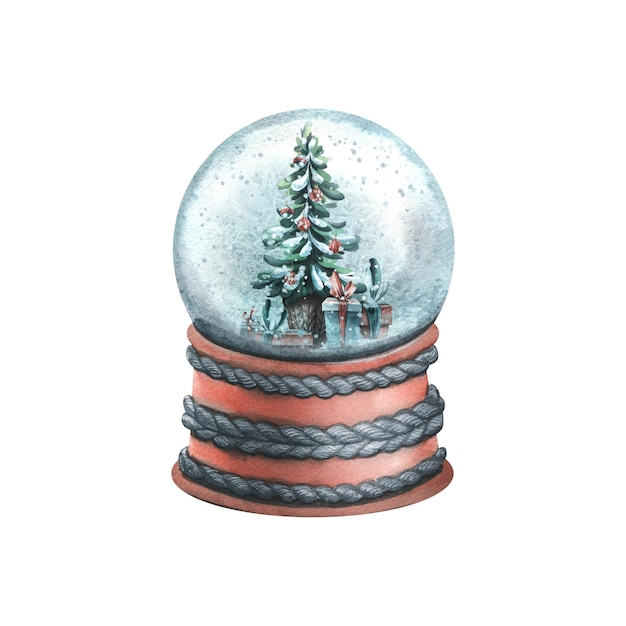 Photo snow glass ball on a stand with a christmas tree and gifts inside watercolor illustration hand drawn isolated object on a white background