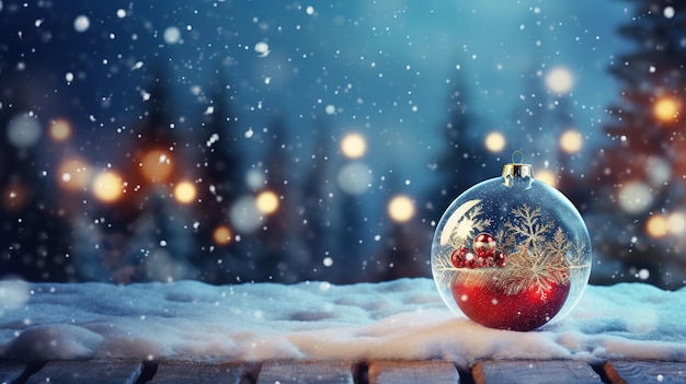 Snow glass Ball With Christmas toy inside on a winter background