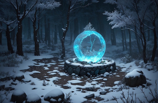 A snow globe in a dark forest with a blue ball in the middle.