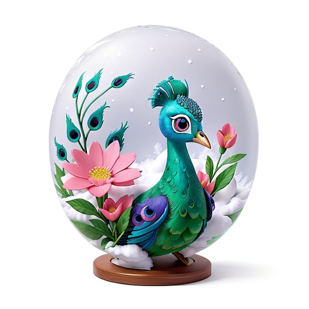 A snow globe featuring a majestic peacock