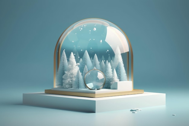 A snow globe featuring a platform in a soft blue color green forms balls and pine trees A simple scene with a podium a stage and holiday periodicals posters and banners