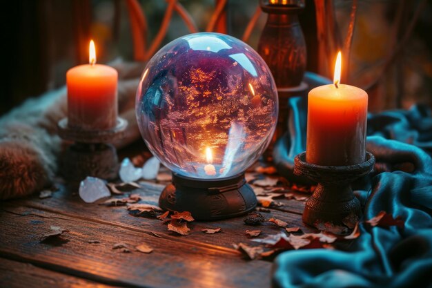 A snow globe featuring a wintry scene sitting prominently on top of a sturdy wooden table A mystic seance with candles and crystal ball AI Generated