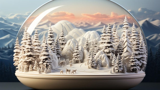 Snow Globe Serenity 3D-illustratie met witte sneeuwbedekking