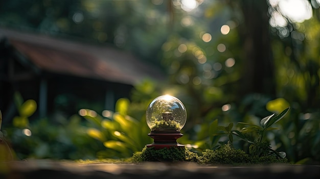 A snow globe sits on a mossy surface with the sun shining on it.