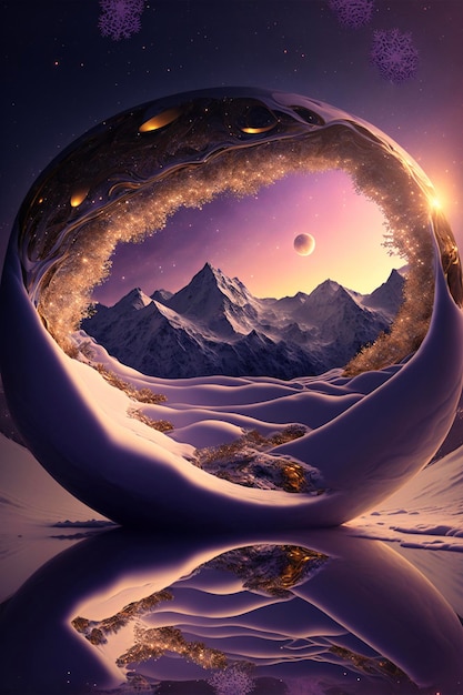 Снежный шар сидит на вершине заснеженной земли Generative Ai