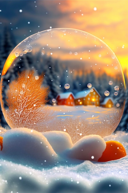 Snow globe sitting on top of a snow covered ground generative ai