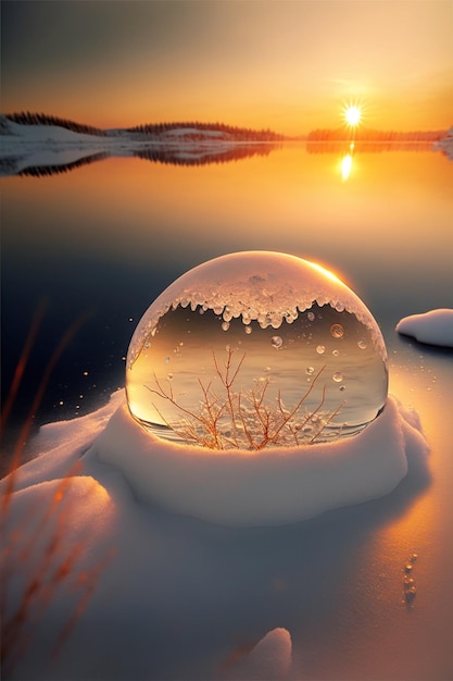 Snow globe sitting on top of a snow covered ground generative ai