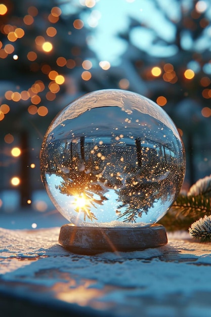 a snow globe sitting on top of a snow covered ground
