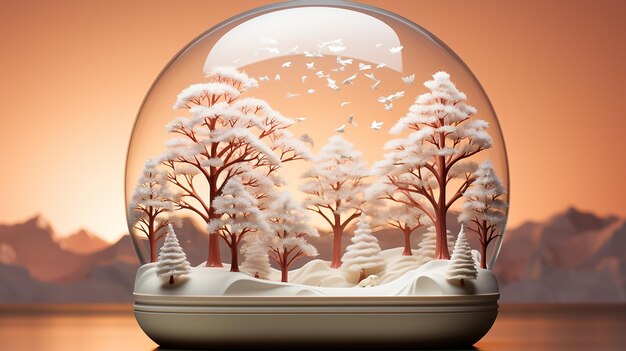 Snow Globe Tranquility 3D Illustration with White Snow Cover