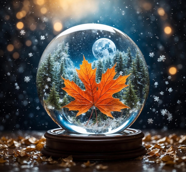 Snow globe with autumn maple leaf in snowfall Christmas background
