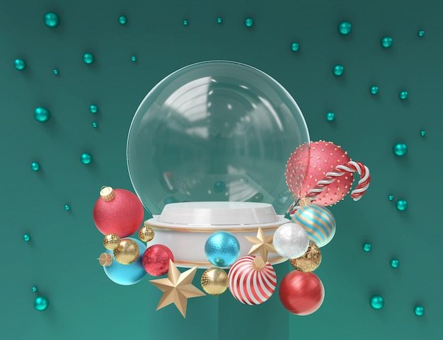 Snow Globe with Christmas decoration for template display, 3d rendering.