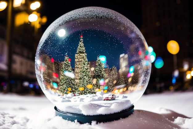 A snow globe with a christmas tree inside