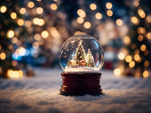 Snow globe with christmas tree on snow and bokeh background