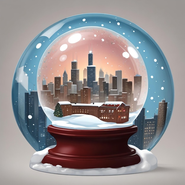 Snow globe with city in the snow illustration isolated on gray background