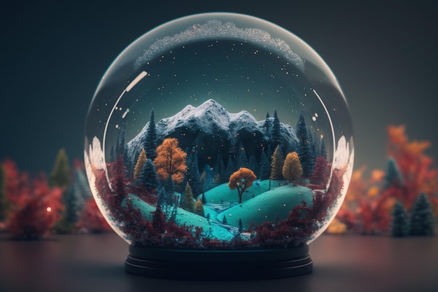 A snow globe with a forest scene in the background.