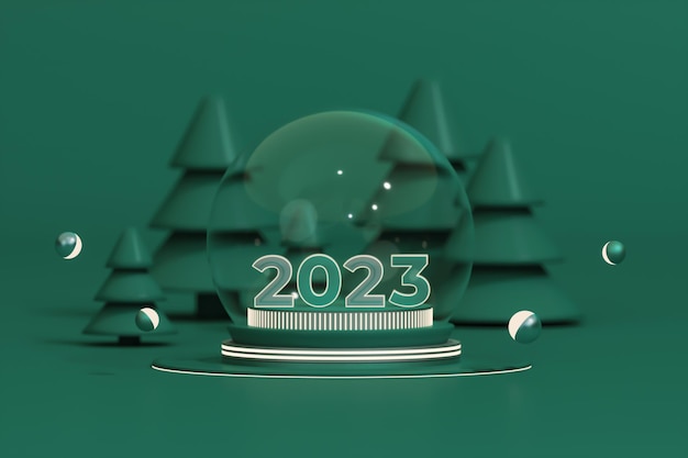 Snow globe with gold platform, dark green shapes, balls and pine trees.