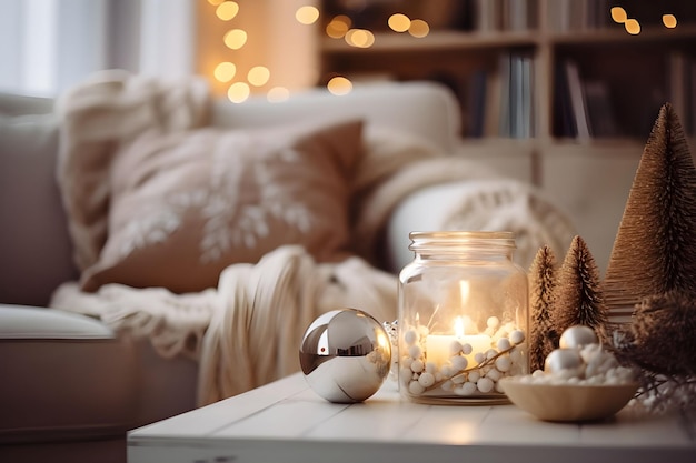 Snow globe with house and christmas tree on bokeh background