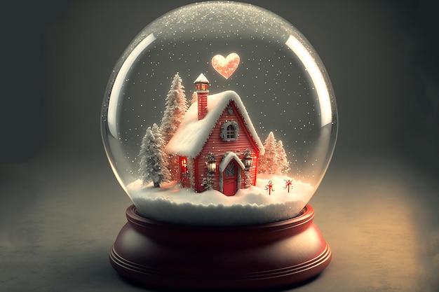 A snow globe with a house inside and a heart on the top.