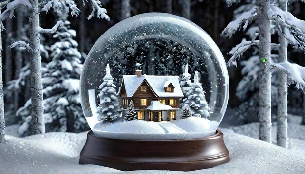 Photo snow globe with a house in a snowy forest merry christmas