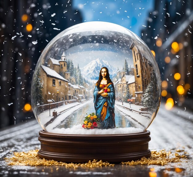 Snow globe with the image of Mary in the snow Christmas background