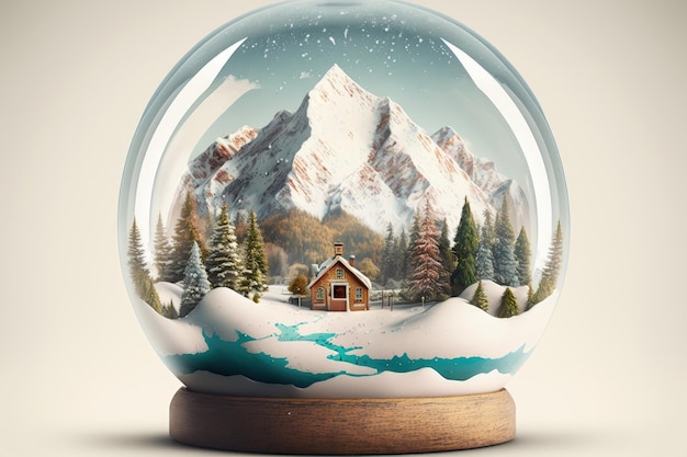 Snow globe with landscape inside with mountains house and pine trees AI