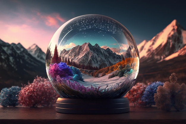 A snow globe with mountains and a landscape inside