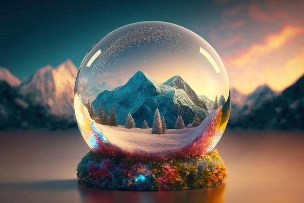 A snow globe with mountains and a snowy landscape inside