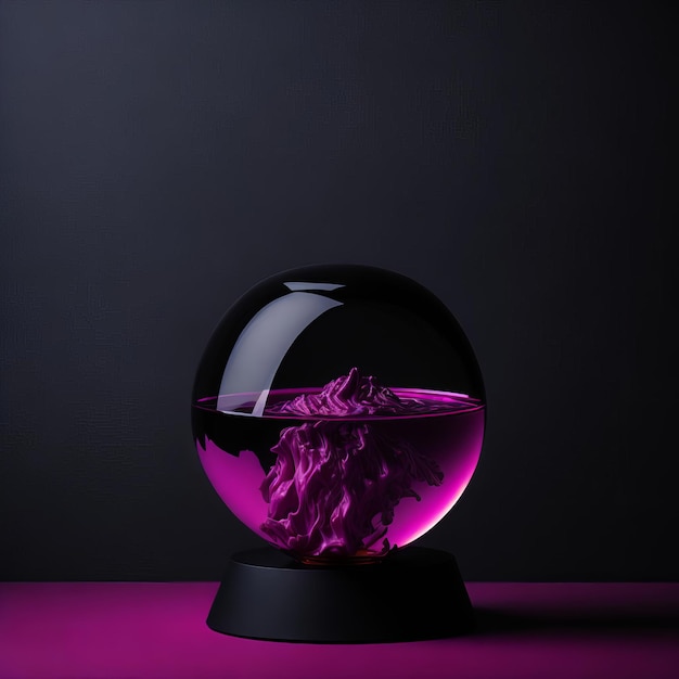 A snow globe with a purple base and a mountain in the middle.