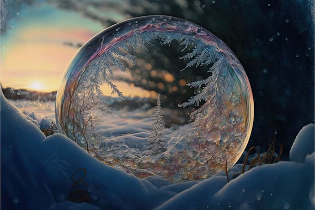 A snow globe with a snowy landscape inside