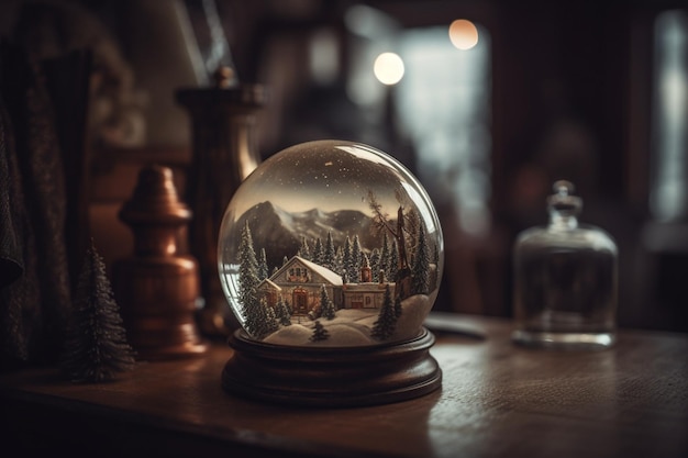 A snow globe with a snowy scene inside