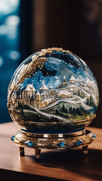 A snow globe with a snowy scene on it